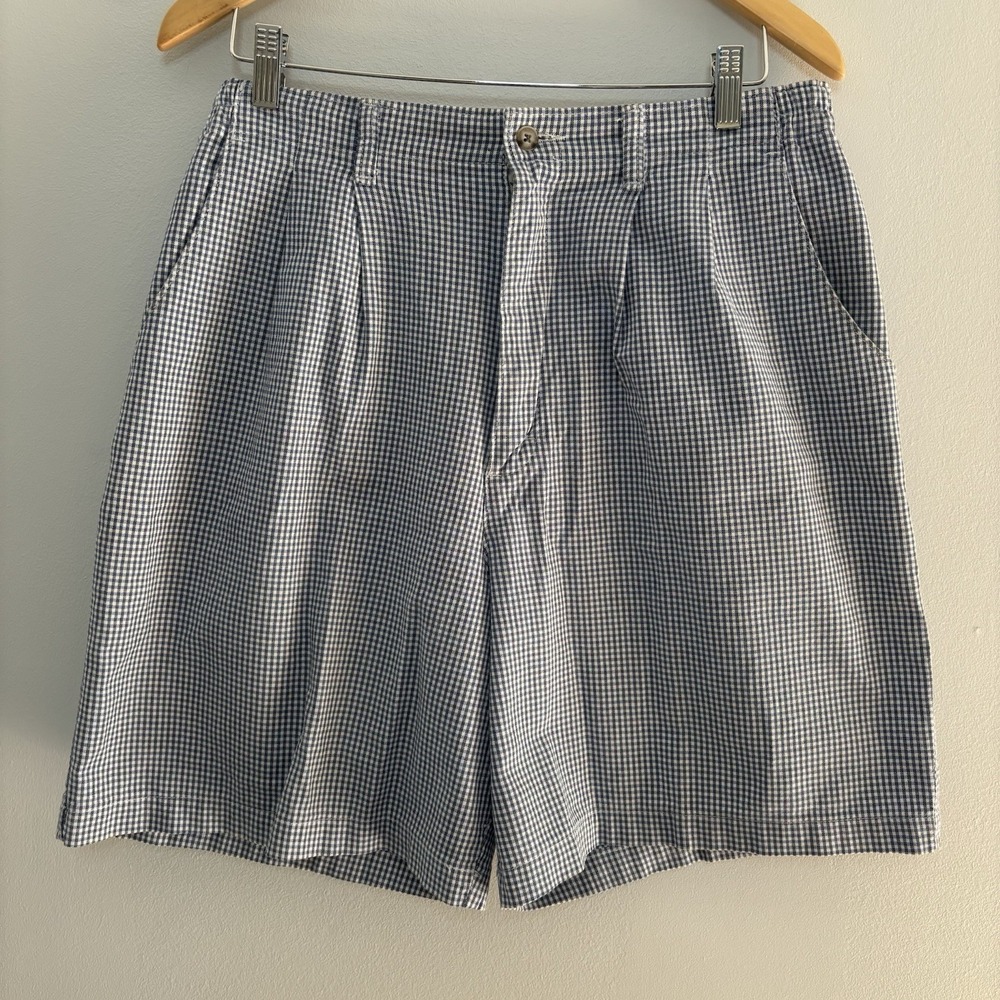 VTG 90s Lee Casuals Pleated Gingham Blue White Mom Shorts 16 Cotton High Waisted